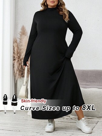 SHEIN CURVE+ Plusstorlek Elegant Enfärgad Höghalsad Långärmad Slim-Fittande Klänning För Damer, Vår- Och Höstlångklänning, Svart Långklänning, Sexig Vinterlångklänning, Långärmad Långklänning, Avslappnad Basklänning