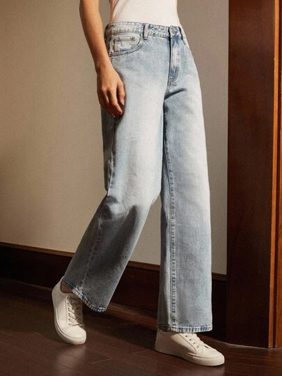 Écloséra 女式口袋装饰休闲刺绣修身直筒牛仔裤