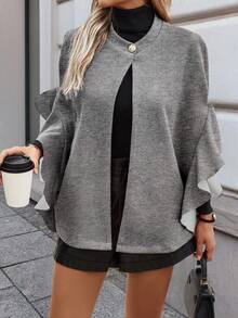 EMERY ROSE Women's Solid Color Single-Breasted Ruffled Hem Fashion Cape Woolen Coat, Autumn/Winter - Grey - View 4