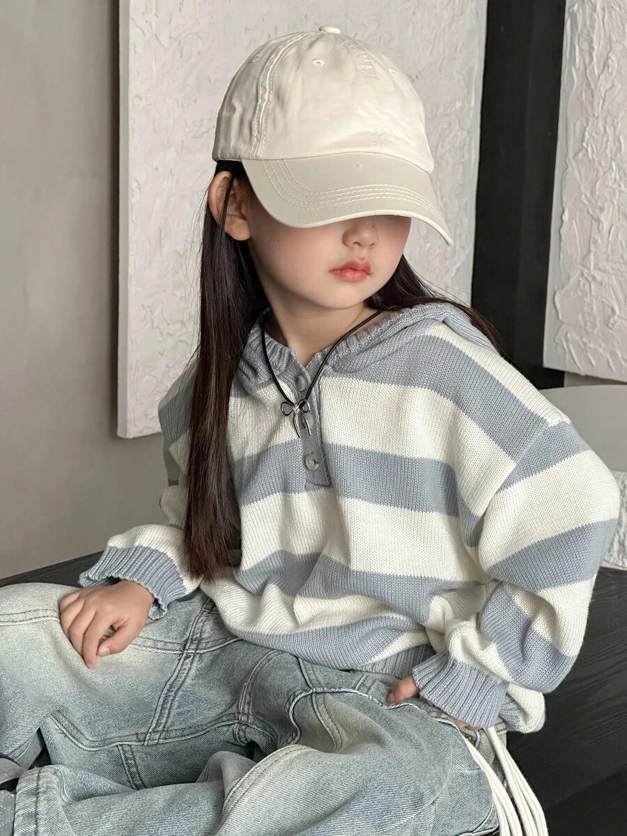 DAZY 年轻女孩条纹落肩长袖纽扣半襟休闲连帽毛衣，秋冬 - 藍色 - 查看 1