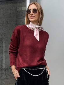 Vivie Lora 女士酒红色宽松圆领毛衣 - 紫色 - 查看 1