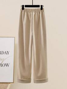 GlowEve 女式布鲁克林刺绣羊羔绒运动衫和羊毛混纺裤套装，休闲日常通勤商务法式浪漫约会派对圣诞节，秋冬，杏色和卡其色长袖连帽衫和长裤两件套 - 卡其色 - 查看 3