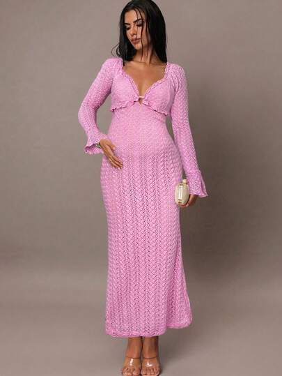 MaterniChic 孕妇白色钩针纹理露肩连衣裙，镂空后背，优雅下摆，适合派对、婚礼、正式活动，性感