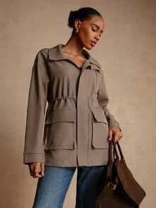 Lyxana Áo khoác nữ cổ đứng rộng rãi, thoải mái, thắt eo, thanh lịch, dáng trễ vai - Màu nâu  Mocha - Xem 4