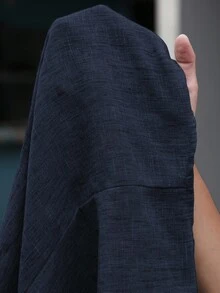 Manfinity Homme 男士纯色单排扣休闲亚麻长袖衬衫，藏蓝色纹理衬衫，秋季款 - 寶藍色 - 查看 7