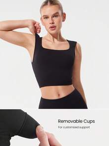 GLOWMODE Ultrafine Soft Seamless Crisscross Crush Sweat-Wicking Open Back Removable Cups Square Neck Cropped Knit Tank Medium Impact Running Jogging Training Gym Workout - Black - View 2