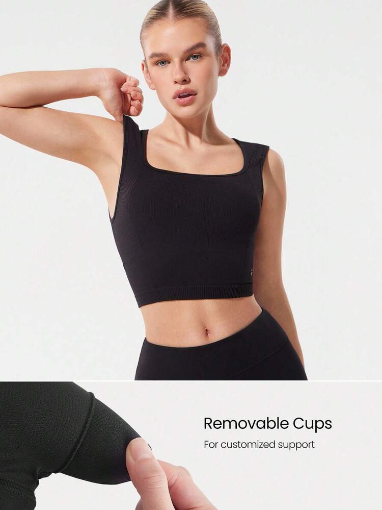 Camiseta de punto corta con cuello cuadrado, copas desmontables, espalda abierta, efecto secado rápido y suave sin costuras, para entrenamiento, running, jogging y gimnasio de impacto medio