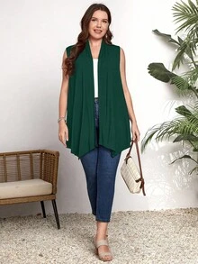 EMERY ROSE Plus Size Sleeveless Solid Color Casual Vacation Jacket, Summer/Winter - Green - View 4