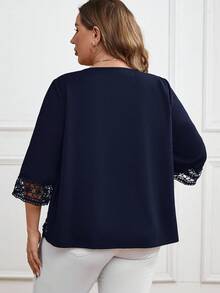 EMERY ROSE Plus Size Elegant Commuter Solid Color Lace Patchwork Blazer/Winter - Navy Blue - View 2