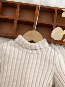 Babygirl 秋冬可爱针织弹力杏色高领长袖连衣裙 - 杏色 - 查看 3