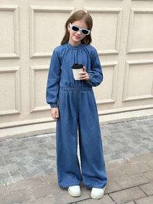 SHEIN Tween Girls Fashionable Soft Crew Neck Long Sleeves Blue Denim Jumpsuit Overalls,Loose Baggy Casual Jeans For Summer School Back-To-School Outfits - Dark Wash - View 4