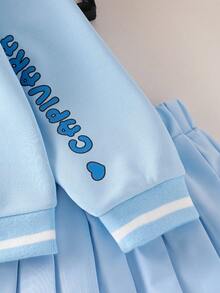 Genkimix Kids Young Girl Letter & Cartoon Print Long Sleeve Baseball Collar Jacket And Pleated Mini Skirt Set, Collegiate Style, Autumn Fall Winter - Blue - View 3