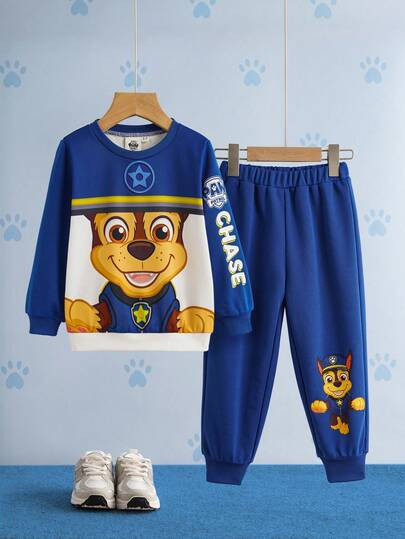 SHEIN | PAW Patrol 2pcs/Set Young Boy Cartoon Puppy Chase Pattern Knit Crew Neck Loose Contrast Color Block Sweatshirt And Sweatpants Set, Autumn/Winter Fall