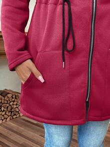 Calvaya Plus Size Women Casual Solid Color Zip-Up Long Sleeve Jacket - Red - View 5
