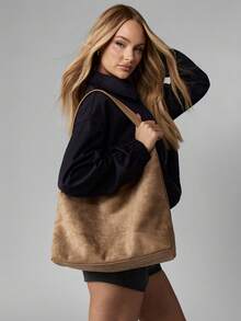 MISSGUIDED 奢华休闲流浪包单肩包钱包带配套小袋纯素绒面革手提包秋冬日常时尚托特包 - 卡其色 - 查看 1