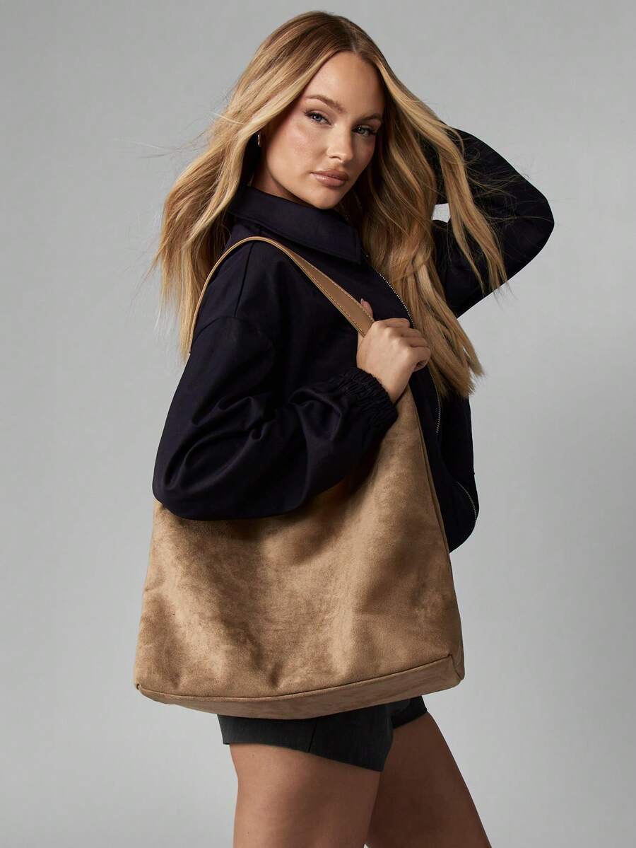 MISSGUIDED 奢华休闲流浪包单肩包钱包带配套小袋纯素绒面革手提包秋冬日常时尚托特包 - 卡其色 - 查看 1