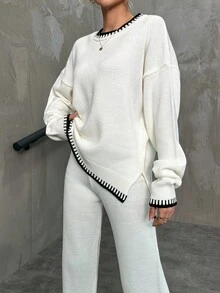EURMUSE Women's Drop Shoulder Loose Knitted Sweater Two Piece Set With Contrast Color Hem - White - View 6