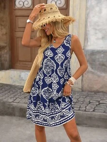 Brillora Robe Imprimé Floral Sans Manches - Bleu marine - Voir 2