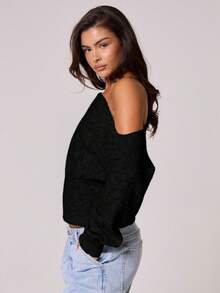 MUSERA Cinched Mini Off The Shoulder Long Sleeve Dress Fall Autum Winter Cosy Everyday Spring Sweater Vacation - Black - View 3