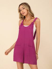 Coeurva Knot Front Pocket Patched Overall Romper Without Tube Top - Hot Pink - View 4