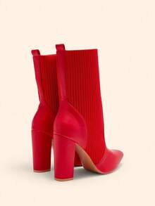 Women's Fashion Fabric Elastic Pointed Toe Chunky Heel Mid-Calf Boots, Suitable For Commuting, Dating, Party, Holiday For Christmas - Red - View 4