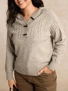 EMERY ROSE Cardigan à capuche et boutons en tricot torsadé grande taille, pull à manches longues, confortable pour le trajet et le port casual