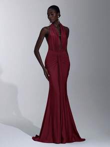 Elitara 优雅、浪漫、性感、简约、蓝色、有弹性、露背、露肩、紧身、3D 花卉、鱼尾下摆、时尚、网红风格、节日、度假、生日派对、婚礼活动、伴娘礼服 - 紫紅色 - 查看 4