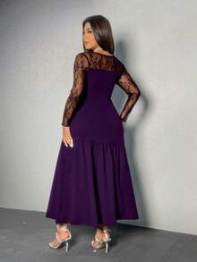 Viva Relle Plus Size Lace Sleeve A-Line Solid Color Jumpsuit Dress Fall Cloth For Women - Purple - View 2