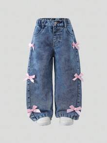 Girls' Jeans, New Autumn/Winter Item, Light Washed Blue Y2K Cute Bow Decor Wide Leg Comfortable Cotton Jeans, 2025 Autumn/Winter New Arrival, Suitable For Daily Outings Girls Wide Leg Jeans
