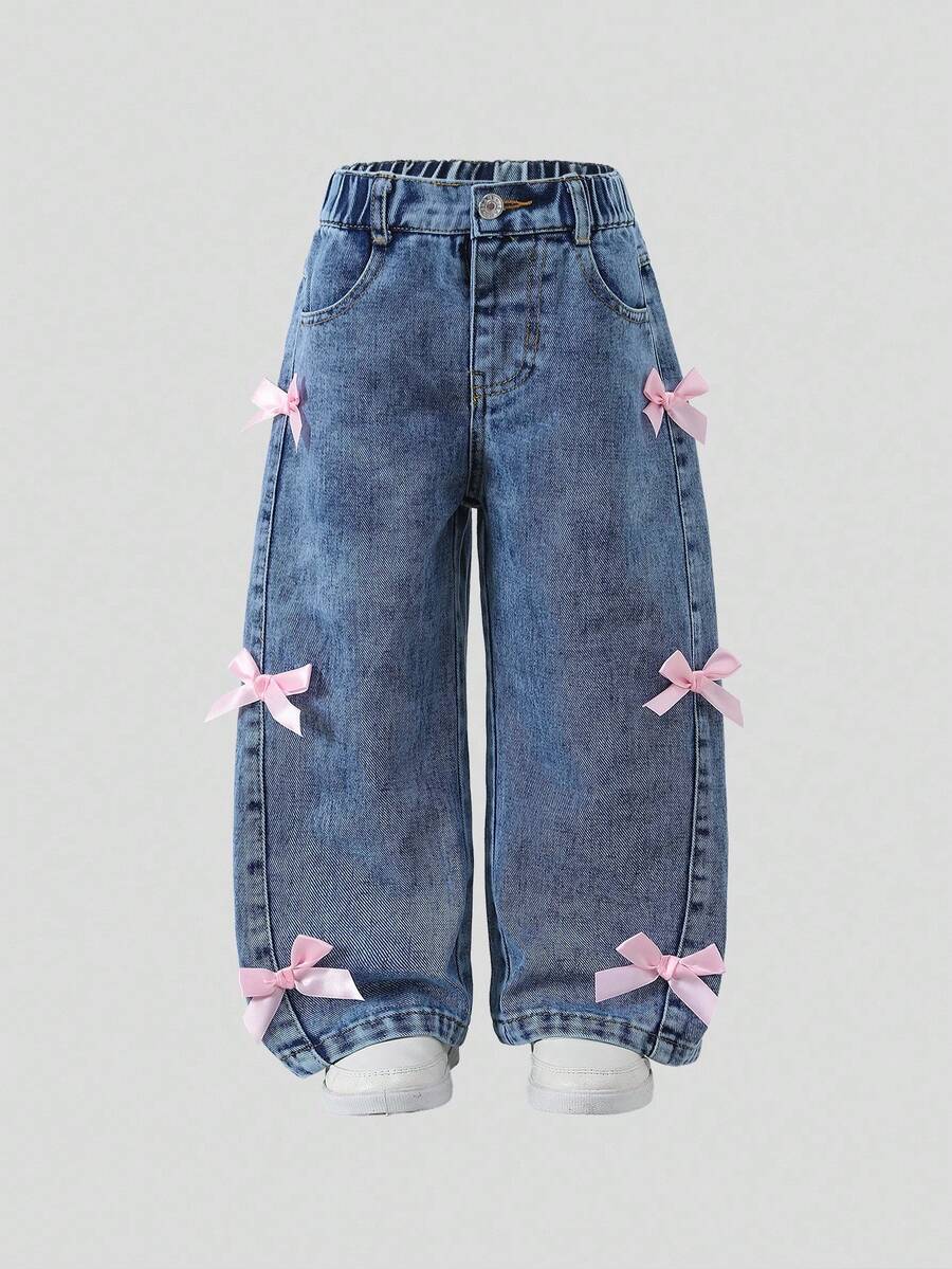 Girls' Jeans, New Autumn/Winter Item, Light Washed Blue Y2K Cute Bow Decor Wide Leg Comfortable Cotton Jeans, 2025 Autumn/Winter New Arrival, Suitable For Daily Outings Girls Wide Leg Jeans