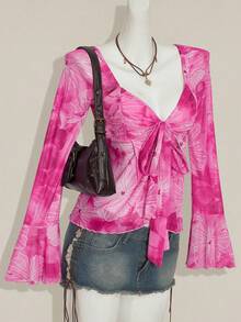 SHEIN ICON 女士粉色花卉印花不对称下摆长喇叭袖V领休闲吊带背心 - 彩色 - 查看 5