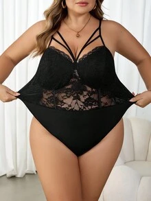 SHEIN CURVE+ 大码女式性感优雅蕾丝拼接紧身衣，适合日常穿着、商务、简约、通勤、优雅、休闲、购物、街头服饰、外出，易于搭配且看起来修身，凸显您的身材，修饰身材 - 黑色 - 查看 3