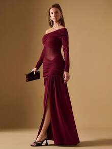 Briarwyn Abito lungo da donna con spalla asimmetrica, maniche lunghe, arricciature e spacco sexy, in colore unito