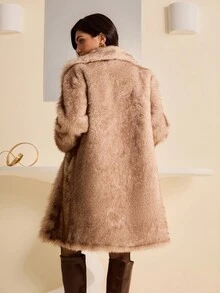 Lyxana 女士仿毛领长袖优雅夹克 - 卡其色 - 查看 2