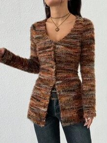 Jeanoix Jaqueta regular de manga longa com gola redonda e tecido de malha falso colorido para mulheres