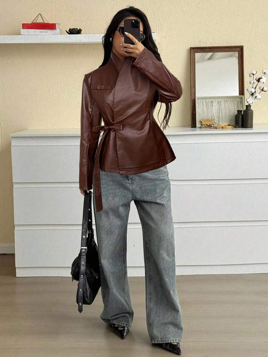 SHEIN EZwear 女士时尚街头风格咖啡棕色 PU 皮革裹领常规夹克外套，秋季 - 咖啡棕 - 查看 1