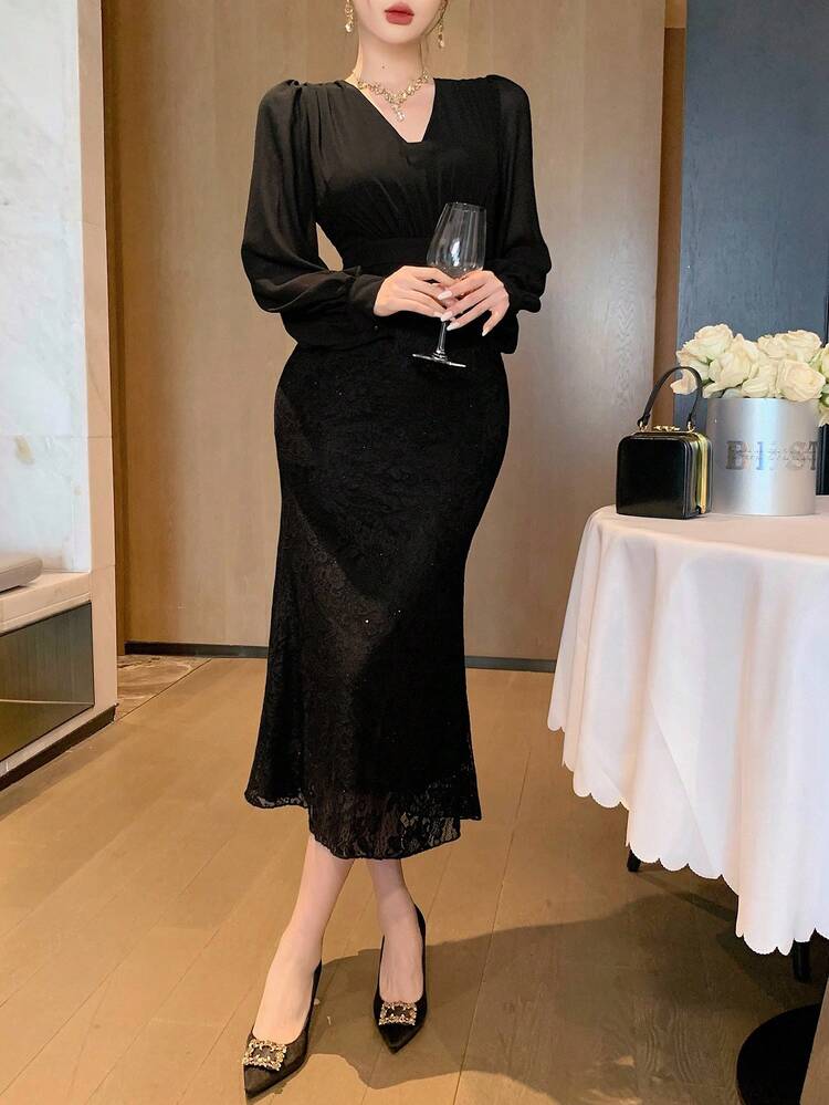 Women's V-Neck Lace Patchwork Waist Fishtail Hem Maxi Elegant Dress Prom Dress