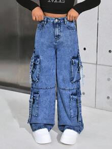 SHEIN 少女Y2K时尚浅色水洗高腰宽松直筒工装牛仔裤，带实用口袋，百搭风格，夏季街头风波西米亚风，适合锐舞派对、音乐会、音乐节等场合。Y2K工装牛仔裤，Y2K风格宽松牛仔裤。 - 深色水洗藍 - 查看 7