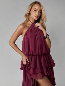 MISSGUIDED Luxury High Neck Ruffle Layered Asymmetric Dress With Tiered Chiffon Detail Party Evening Wedding Guest Special Occasion Maxi Halter Neck Dress - Purple - View 5