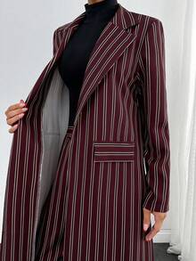 SHEIN 2pcs Women's Striped Regular-Shoulder Long Sleeve Fashionable Long Overcoat & Pants Set - Red - View 3