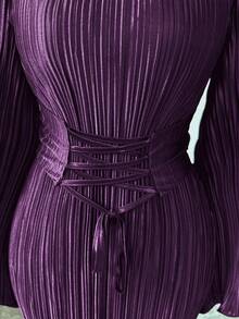 Elenzga 女式纯色圆领喇叭袖腰带设计褶皱修身优雅连衣裙 - Bold Plum - 查看 6