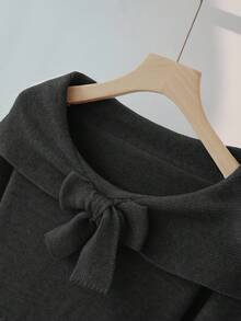 Franclia Women's Minimalist Fashion Collar Bowknot Open Shoulder Long Sleeve Solid Color Knit Pullover Sweater - Black - View 5
