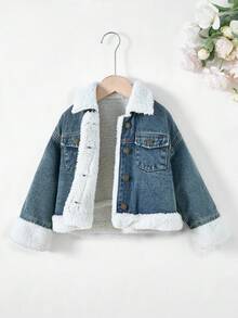 Young Girl' Blue Denim Fleece Lined Loose Fit Long Sleeve Short Jacket,Adding Fleece And Thickening For Warmth   Jacket Fall Winter