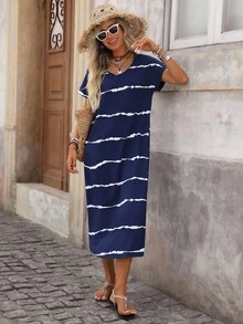 Brillora Striped Hidden Pocket Curved Hem Tee Dress - Navy Blue - View 6