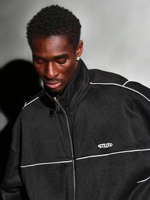 SUMWON 经典运动外套，白色滚边细节，全拉链高领，街头风冬季必备长袖休闲日常穿着拉链外套，纯色 - 黑色 - 查看 3