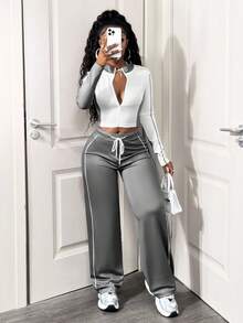 SHEIN BamGlam Women's Casual 2 Pieces Set, Color Block Design, Long Sleeve Zip-Up Jacket And Drawstring Pants, Autumn
