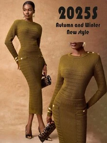 Zivah Autumn Women Sweater 2-Piece Set,Olive Green Elegant Work Crew Neck Long Sleeve Loose Knit Top&Straight Pencil Skirt With Metal Button Decor,Cozy - Mustard Yellow - View 5