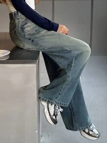 DAZY 少女休闲水洗复古阔腿牛仔裤 - 中等水洗藍 - 查看 4