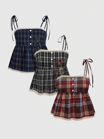 Academia Canotta da donna casual vintage con colletto a risvolto, bottoni, motivo a quadri, spalline a spaghetti e bordo in pizzo