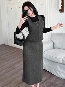 DAZY 女士休闲方领无袖上衣和裙子两件套，秋季 - 灰色 - 查看 4